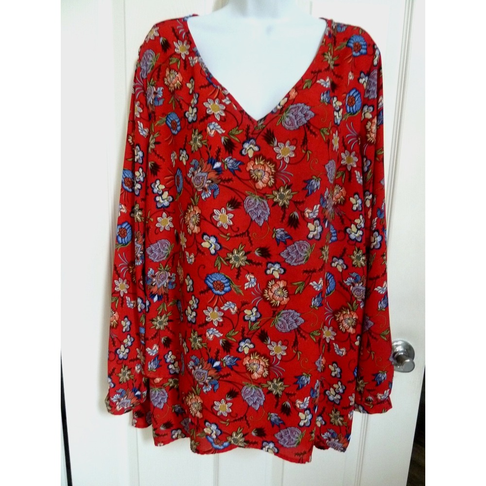 *NEW!! CHELSEA & THEODORE Sz XXL/2XG Colorful Blouse Floral V-Neck Career Hi-Lo*